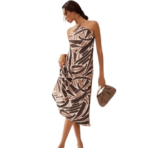 Anthropologie Halter Slip Midi Dress, Abstract Pattern, Black, Brown, Size XL - Picture 2 of 7